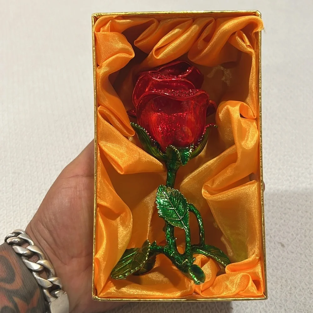 Elegant Red and Green Metal faberge style Rose , secret jewelry storage, NWB
